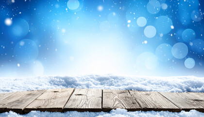 Winter Snow Background with Wooden Table