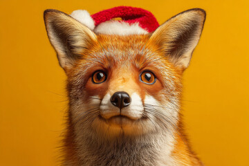 Obraz premium Portrait of red fox wearing Santa hat on yellow background. Concept of Christmas and winter holidays