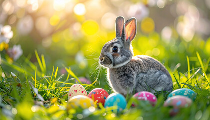 Easter Bunny and Eggs in Grass