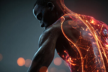 The body of a dark-skinned, athletic man is covered in bright threads of neural connections. A cyberman against a dark background.
