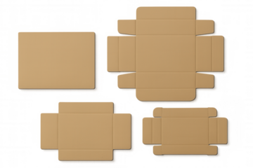 Cardboard box packaging die cut template for different sizes, brown carton layout, flat lay with transparent background