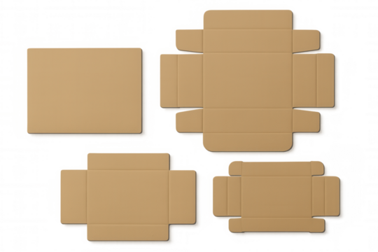 Cardboard box packaging die cut template for different sizes, brown carton layout, flat lay with transparent background