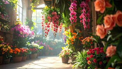 Obraz premium Abundant Flowering Greenhouse Filled With Vibrant Pink Orange And Red Blooms Bathed In Warm Sunlight Creating A Lush Botanical Atmosphere