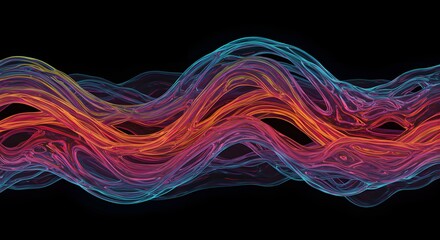 Abstract, colorful, intertwined, flowing lines with vibrant hues against a stark black background