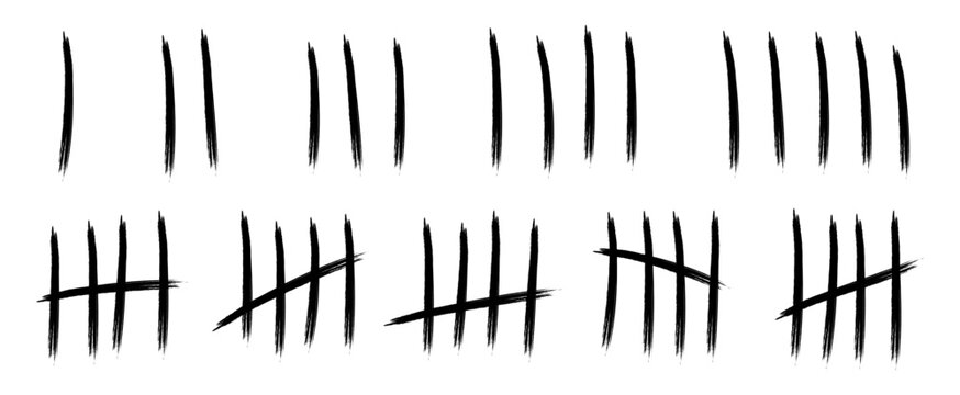 Set of hand-drawn tally marks in a rough, grunge style. Icons of counting to five, often used to symbolize scorekeeping, counting days, survival, or endurance