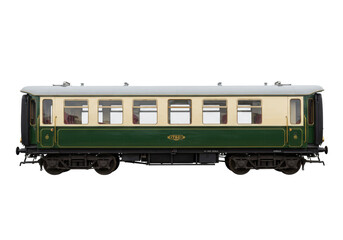 Fototapeta premium Isolated vintage railway carriage in green and tan a reminder of classic train travel