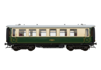 Isolated vintage railway carriage in green and tan a reminder of classic train travel