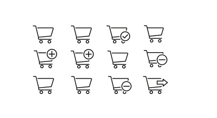 Shopping cart icon set. Thin line vector icons for e-commerce and online store. Add to cart, remove, checkout, and basket symbols. Web UI UX pictogram collection for purchase.