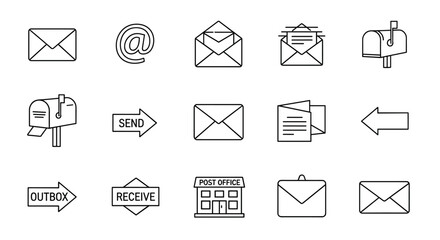 Mail and email icon set. Postal service communication outline symbols. Vector collection with envelope, letter, mailbox, post office, send, receive, and at sign icons.