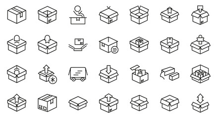 Box line icon set. Package and delivery symbols. Shipping and logistics graphic collection. Open, closed cardboard box. Unpacking parcel vector illustration. Moving and storage concept.