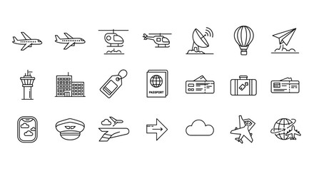 Set of Travel and Aviation Line Icons, Airplane, Helicopter, Hot Air Balloon, Passport, Boarding Pass, Luggage, Pilot Cap, Airport, Cloud, Globe Vector Elements for Travel and Transportation Design