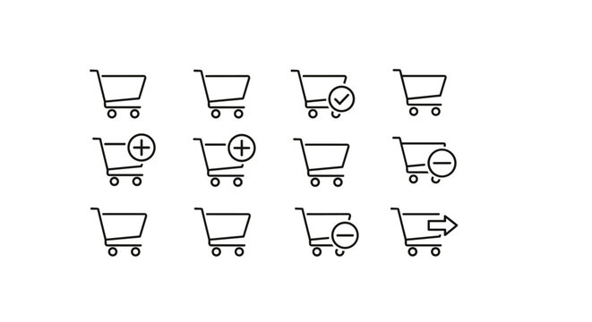 Shopping cart icon set. Thin line vector icons for e-commerce and online store. Add to cart, remove, checkout, and basket symbols. Web UI UX pictogram collection for purchase.