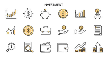 Investment financial concept icons set with dollar symbols, growth charts, piggy bank, wallet, briefcase, hands with coins, magnifying glass, documents, and profit increase symbols in flat style