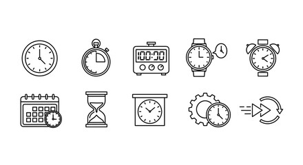 Set of time management icons collection with clocks, stopwatch, timer, wristwatch, alarm, calendar, hourglass, productivity, scheduling, and efficiency concept vector illustration