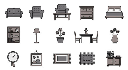 Furniture icon set for interior design. Home decor elements for living room, bedroom. Sofa, bed, table, lamp, chair, shelf vector illustrations. Outline graphic collection.