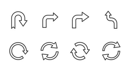 Set of minimalist linear arrow icons for direction, rotation, U-turn, refresh, and circular motion concept, simple vector symbols for navigation, technology, and interface design