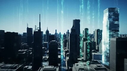 Futuristic cityscape with binary code overlay and a clear blue sky background - Powered by Adobe