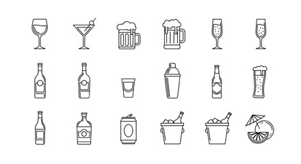 Alcohol drinks and beverages icon set. Bar menu elements collection. Linear pictograms for wine, beer, cocktail, champagne. Vector symbols for restaurant, pub, and party.