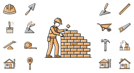 Construction worker building brick wall with masonry tools icons, helmet, hammer, trowel, saw, ruler, wheelbarrow, measuring tape, house construction vector illustration.