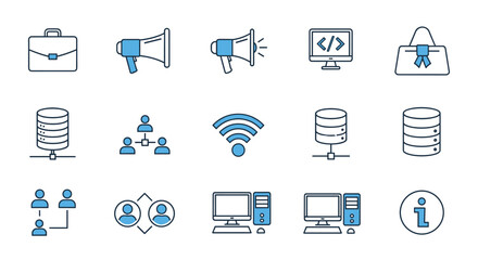 Business and technology icon set. Web development, data server, network communication signs. Office pictogram collection with computer, briefcase, and marketing symbols.