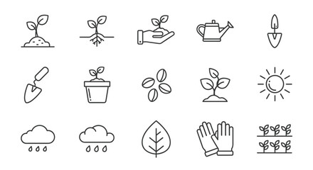 Gardening line icon set. Plant growth stages from seed to sprout. Agriculture and horticulture concept. Sprouting plant with roots, soil, sun, rain. Farming tools.
