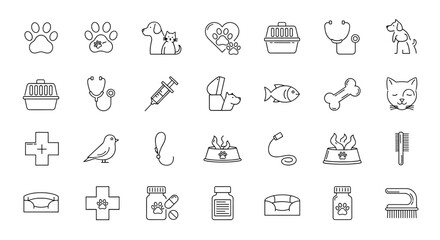 Fototapeta premium Collection of Linear Pet Care Icons with Dog, Cat, Veterinary Tools, Medication, Food Bowls, Fish, Bone, Bird, and Grooming Items for Animal Health and Wellness
