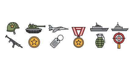Military icons set with helmet, tank, fighter jet, medal, dog tag, rifle, grenade, battleships, and target symbol for army, defense, combat, and warfare concept