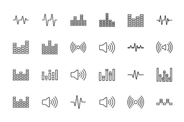 Collection of Sound Wave and Music Equalizer Icons, Audio Signal, Volume, Frequency Bars, Sound Visualization, Audio Control Symbols, Waveform and Speaker Vectors