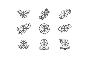 Creative brain logo collection, smart ideas and innovation symbols, mental process icons with gears, light bulbs, learning and knowledge growth, abstract science and technology concept