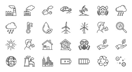 Environmental pollution and clean energy icons set with factory smoke, car emissions, gas masks, rain clouds, renewable wind turbines, and recycling symbols for ecology and sustainability