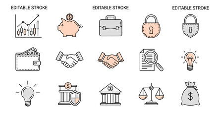 Financial and Business Icons Set, Editable Stroke Vector Illustrations of Investment, Savings, Security, Handshake, Wallet, Banking, Idea, Justice, and Money Bag Concepts for Finance and Law