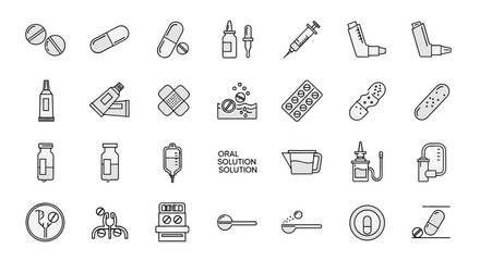 Medical and Healthcare Line Icons Set with Pills, Syringe, Inhalers, Bandages, Medicine Bottles, Oral Solution, Injections, Nasal Spray, Inhalers, and Tablets for Pharmacy and Hospital Use