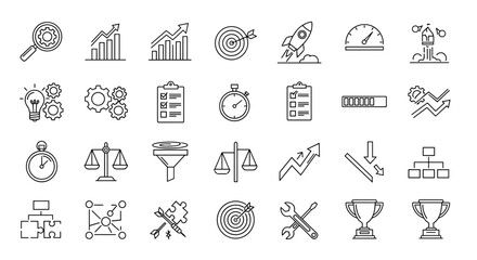 Business performance and productivity line icon set. Vector symbols for strategy, growth, analysis, and success. Icons for startup, goal, efficiency, and project management.