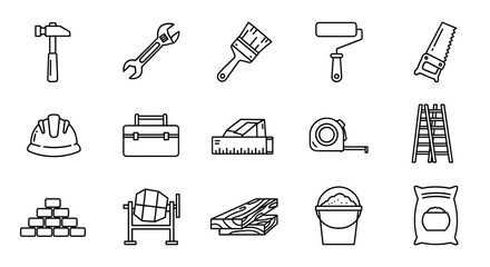 Construction and renovation tools vector icon set, hammer wrench paintbrush roller ladder helmet trowel toolbox measuring tape bricks cement mortar wood planks, building materials equipment