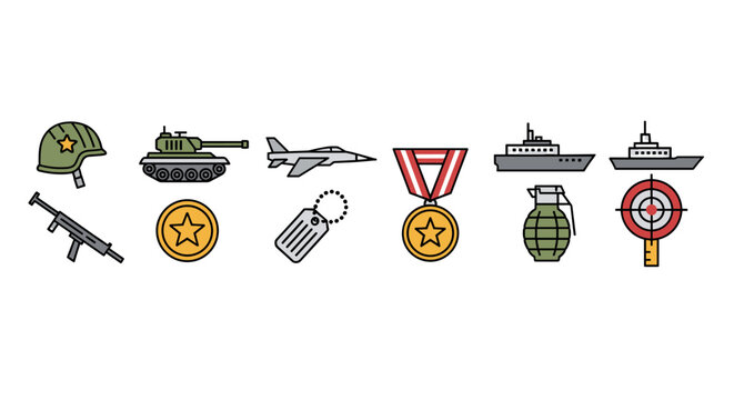 Military icons set with helmet, tank, fighter jet, medal, dog tag, rifle, grenade, battleships, and target symbol for army, defense, combat, and warfare concept