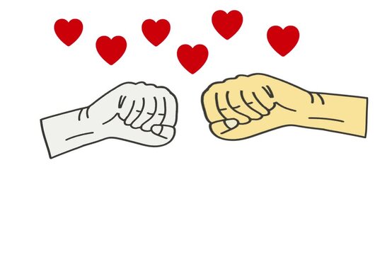 animation of a high five or handshake with peace and love signs on a white background