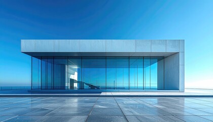 Fototapeta premium Minimalist modern building with glass facade, blue sky, clean lines, architecture