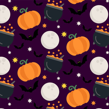 Purple Spooky Halloween Seamless Pattern with Pumpkin, Moon, Bats, Cauldron and Stars