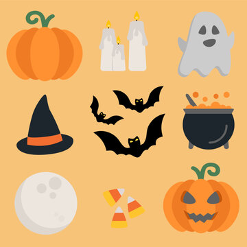 Halloween Elements with Spooky Pumpkin, Candles, Ghost, Witch Hat, Bats, Cauldron, Moon, Candy Corn and Jack o Lantern in Colorful Flat Vector Style