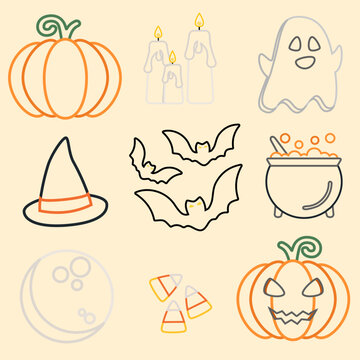 Halloween Elements with Spooky Pumpkin, Candles, Ghost, Witch Hat, Bats, Cauldron, Moon, Candy Corn and Jack o Lantern in Colorful Outline Style