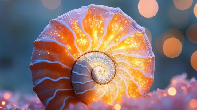 Vibrant seashell illuminated by lights amidst soft pink petals at dusk