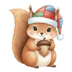 An adorable watercolor illustration of a squirrel wearing a festive hat, holding a large acorn. Perfect for seasonal designs.