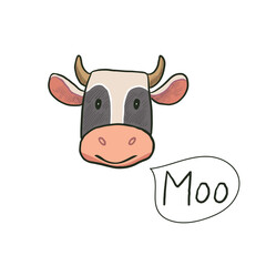 Cute hand drawn cow with lettering. Vector illustration in cartoon style.