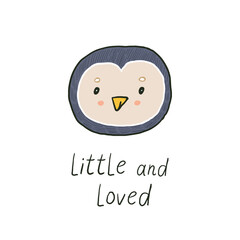 Cute cartoon penguin. Hand drawn vector illustration with lettering.