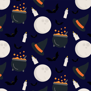 Navy Blue Spooky Halloween Seamless Pattern with Moon, Witch Hat, Bats and Candles