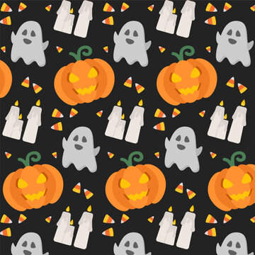 Gray Spooky Halloween Seamless Pattern with Jack o Lantern Pumpkin, Corn Candy, Ghosts and Candles