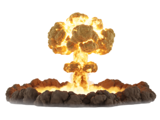 A powerful nuclear mushroom cloud explosion erupts with intense orange and yellow flames against a stark black background