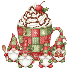 An illustration of holiday gnomes gather around a giant cup of hot chocolate with whipped cream and cherry, invoking the spirit of holiday joy, and the sweetness of the festive season. 