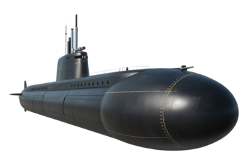 A sleek modern military submarine with a dark hull and visible periscope and antennae isolated against a stark black background