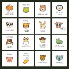 Cute animal faces prints with lettering set. Hand drawn vector illustration. Cartoon style.